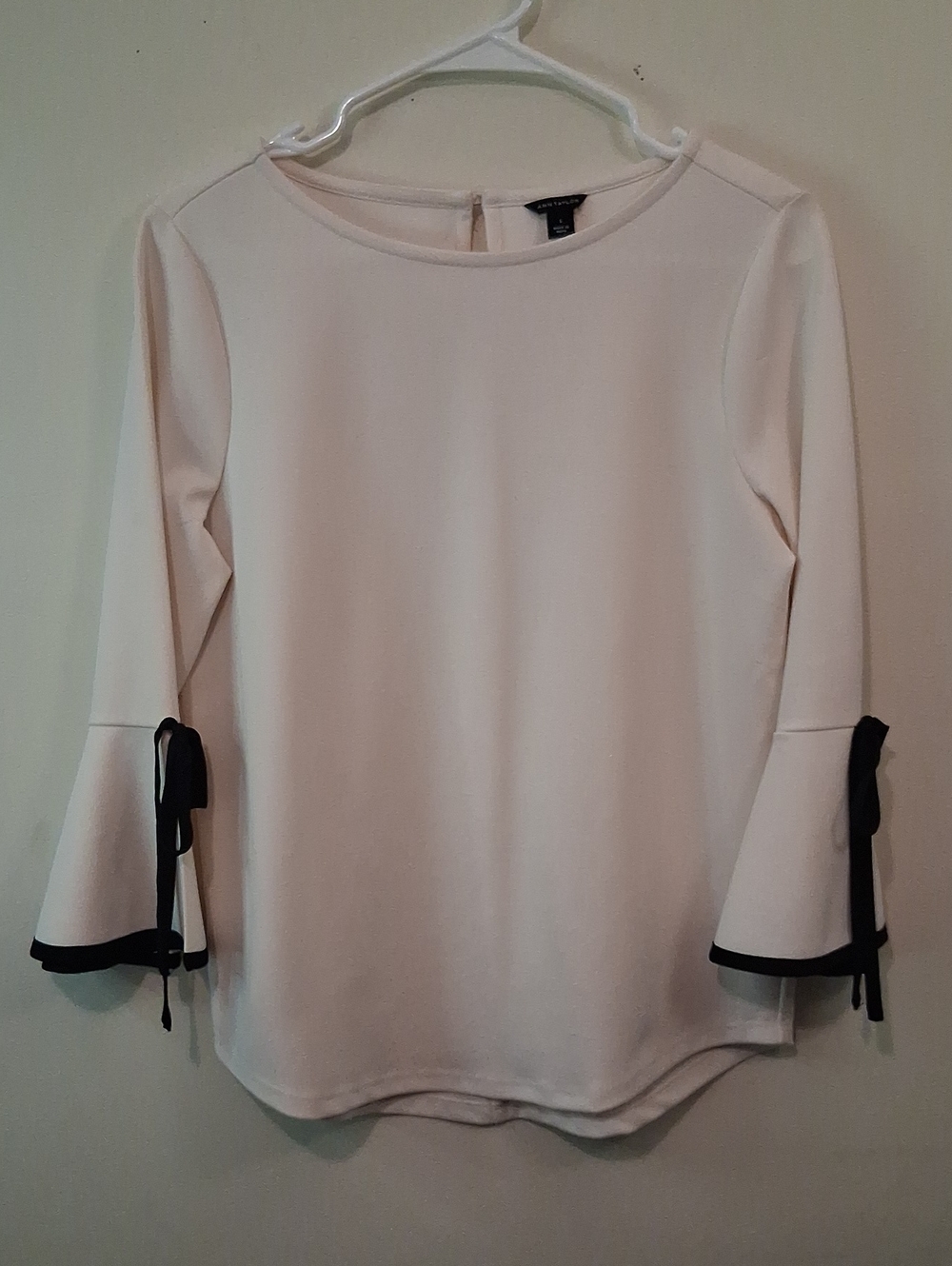 Ann Taylor Cream Long Sleeve Top with Black Trim and Tie Cuffs